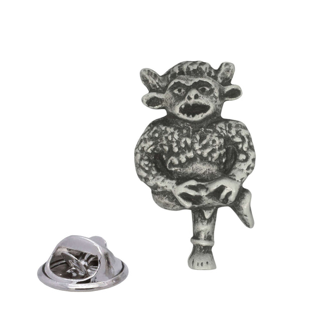 Antique silver Lincoln Imp pewter lapel pin depicting mischievous horned imp with butterfly clasp shown