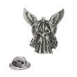 Antique silver Valkyrie pewter lapel pin depicting a winged Norse warrior holding a spear, with rear butterfly clasp shown