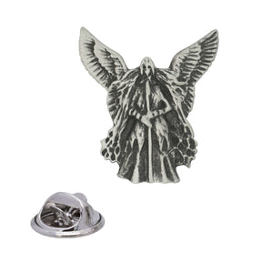 Antique silver Valkyrie pewter lapel pin depicting a winged Norse warrior holding a spear, with rear butterfly clasp shown