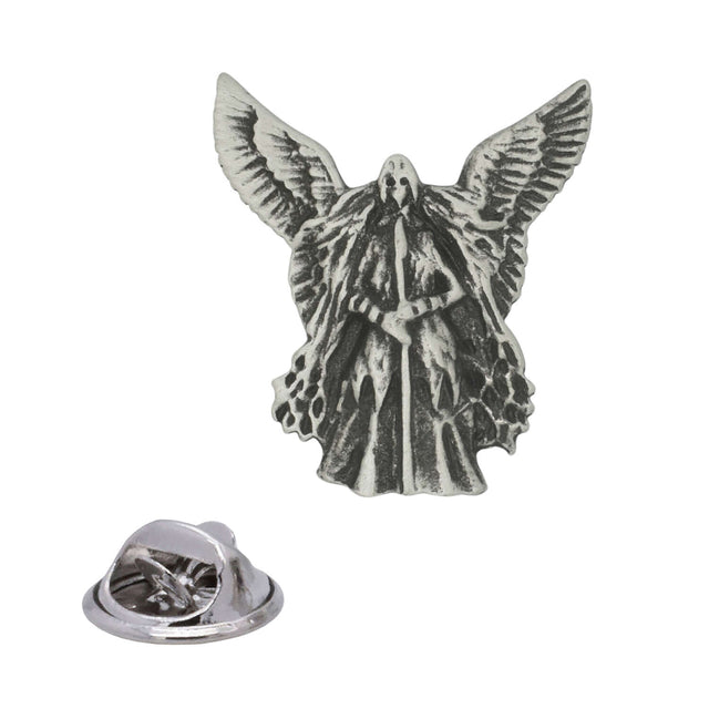 Antique silver Valkyrie pewter lapel pin depicting a winged Norse warrior holding a spear, with rear butterfly clasp shown