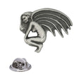 Antique silver Bloody Demonic pewter lapel pin depicting crouching winged figure with bat-like wings and rear butterfly clasp