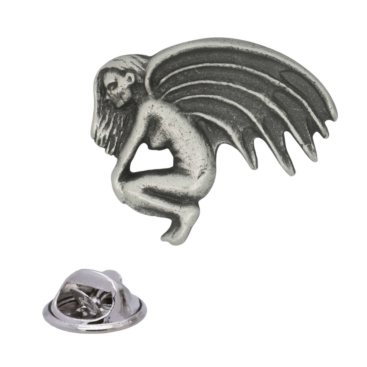 Antique silver Bloody Demonic pewter lapel pin depicting crouching winged figure with bat-like wings and rear butterfly clasp