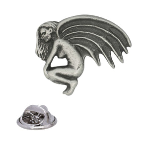 Antique silver Bloody Demonic pewter lapel pin depicting crouching winged figure with bat-like wings and rear butterfly clasp