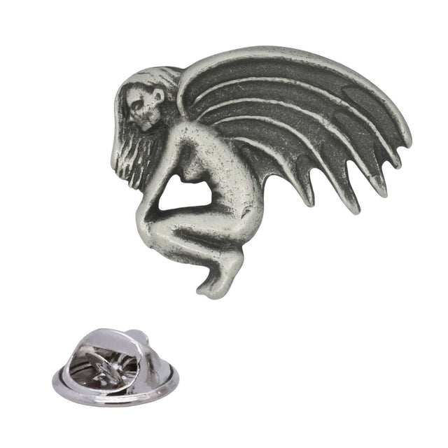 Antique silver Bloody Demonic pewter lapel pin depicting crouching winged figure with bat-like wings and rear butterfly clasp