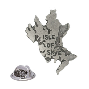Antique silver Isle of Skye pewter lapel pin badge shaped like the Scottish island with Isle of Skye lettering and rear butterfly clasp