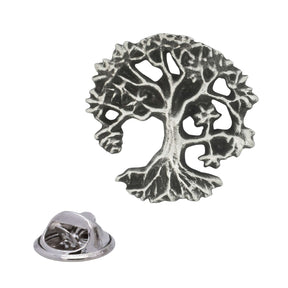 Antique silver Tree of Life pewter lapel pin with detailed branches, leaves, spreading roots and rear butterfly clasp