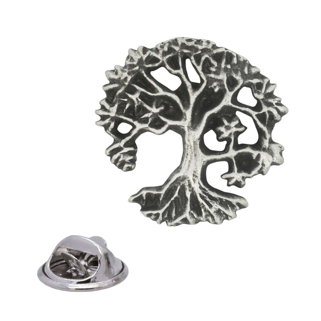 Antique silver Tree of Life pewter lapel pin with detailed branches, leaves, spreading roots and rear butterfly clasp