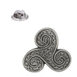 Antique silver Celtic triskele triple spiral pewter lapel pin with three decorative spirals and rear butterfly clasp