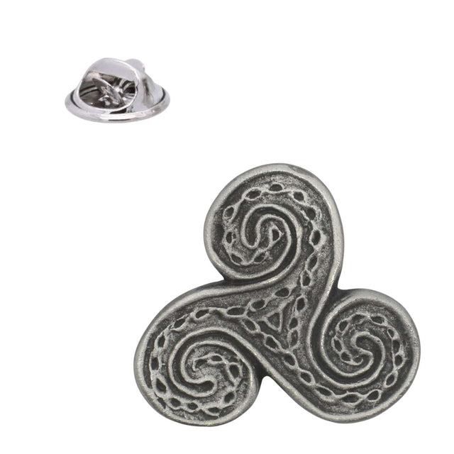 Antique silver Celtic triskele triple spiral pewter lapel pin with three decorative spirals and rear butterfly clasp