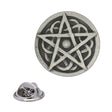 Antique silver round pentagram pewter lapel pin with raised five-pointed star, Celtic-style knotwork and rear butterfly clasp