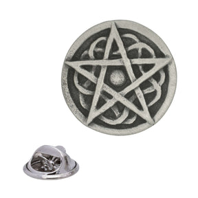 Antique silver round pentagram pewter lapel pin with raised five-pointed star, Celtic-style knotwork and rear butterfly clasp
