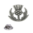 Antique silver Scottish thistle pewter lapel pin with cross-hatched flower head, curved spiky leaves and rear butterfly clasp