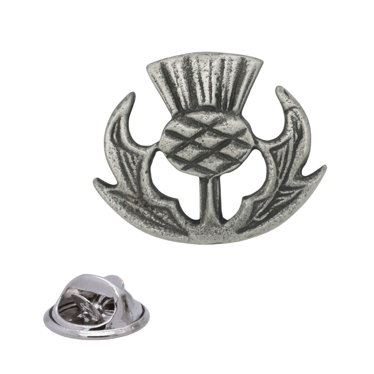 Antique silver Scottish thistle pewter lapel pin with cross-hatched flower head, curved spiky leaves and rear butterfly clasp