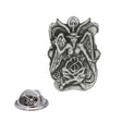 Antique silver Baphomet pewter lapel pin with horned goat-headed winged seated figure and rear butterfly clasp