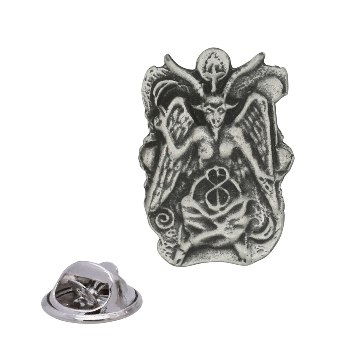 Antique silver Baphomet pewter lapel pin with horned goat-headed winged seated figure and rear butterfly clasp