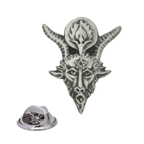 Antique silver Baphomet goat head pewter lapel pin with horns, pentagram forehead and rear butterfly clasp