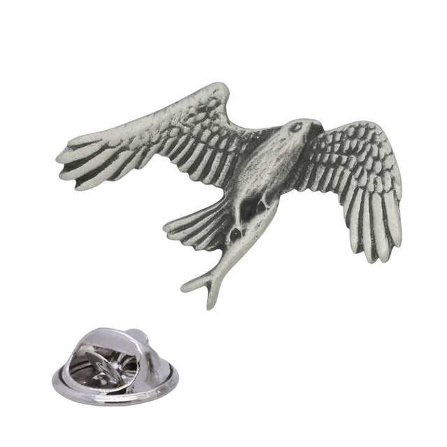 Antique silver osprey pewter lapel pin with wide outstretched feathered wings and rear butterfly clasp