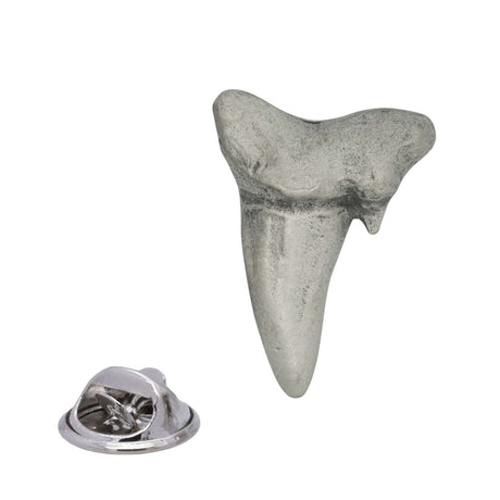 Antique silver shark's tooth pewter lapel pin badge with broad root, tapered point and rear butterfly clasp shown