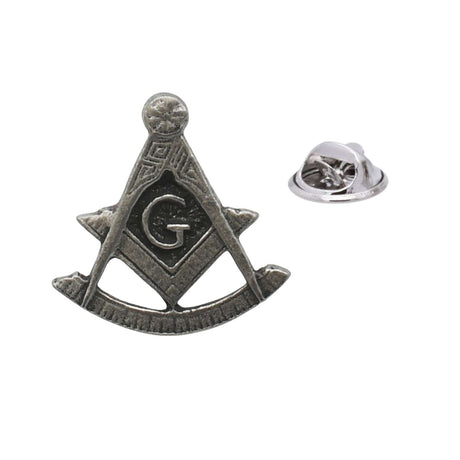 Antique silver Masonic square and compasses pewter lapel pin badge with central G and rear butterfly clasp