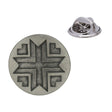 Antique silver round Morning Star pewter lapel pin with symmetrical woven geometric design and rear butterfly clasp