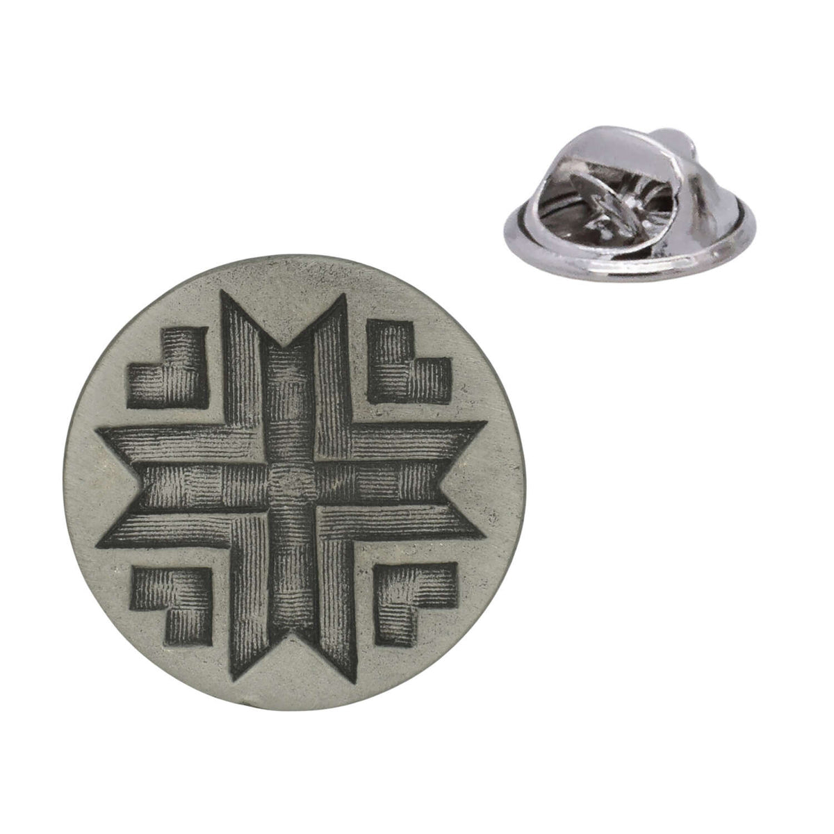 Antique silver round Morning Star pewter lapel pin with symmetrical woven geometric design and rear butterfly clasp