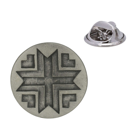 Antique silver round Morning Star pewter lapel pin with symmetrical woven geometric design and rear butterfly clasp