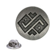 Antique silver round Wisdom pewter lapel pin with angular geometric design and rear butterfly clasp