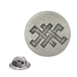 Antique silver round Earth pewter lapel pin with interlocking geometric symbol and rear butterfly clasp