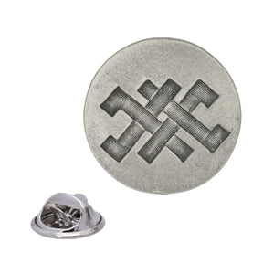 Antique silver round Earth pewter lapel pin with interlocking geometric symbol and rear butterfly clasp