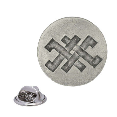 Antique silver round Earth pewter lapel pin with interlocking geometric symbol and rear butterfly clasp