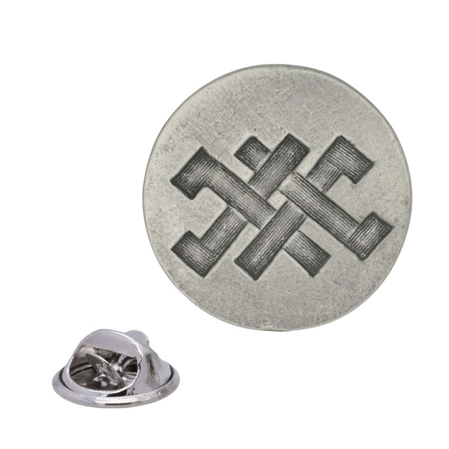 Antique silver round Earth pewter lapel pin with interlocking geometric symbol and rear butterfly clasp