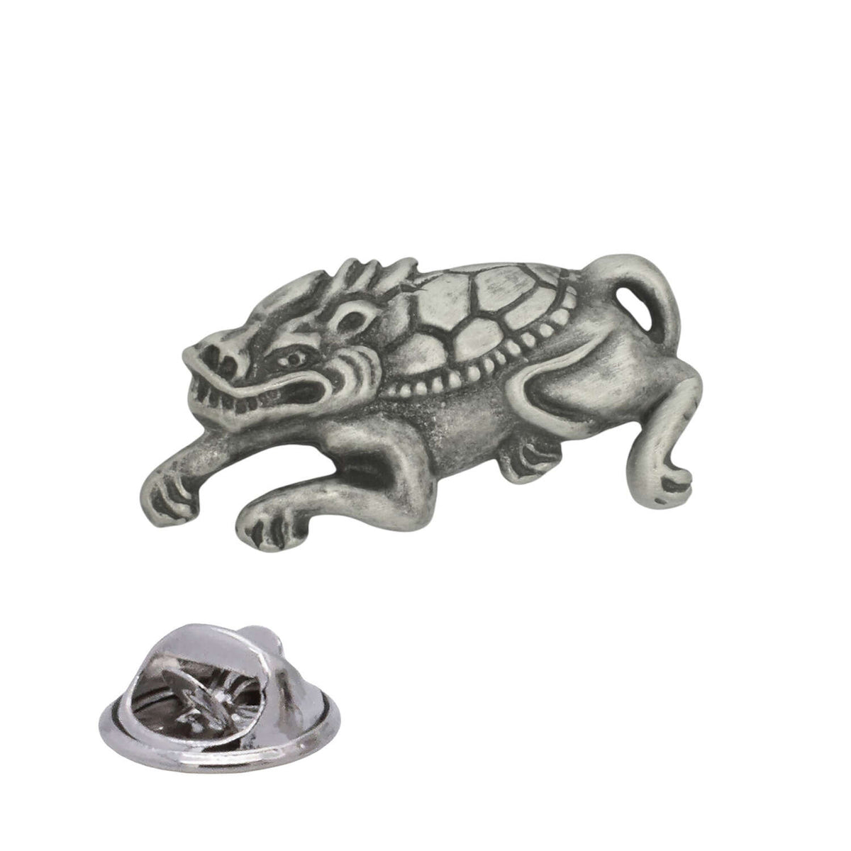 Antique silver Japanese Oni pewter lapel pin badge showing mythical creature with expressive face, textured back, curled tail and rear clasp