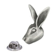 Antique silver hare head pewter lapel pin with long upright ears, sculpted face and rear butterfly clasp
