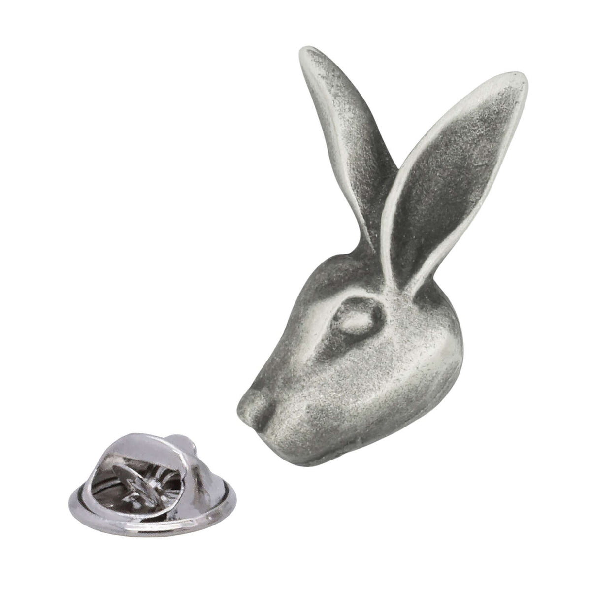 Antique silver hare head pewter lapel pin with long upright ears, sculpted face and rear butterfly clasp