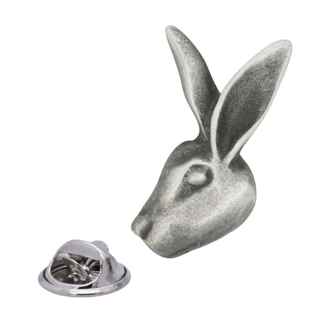 Antique silver hare head pewter lapel pin with long upright ears, sculpted face and rear butterfly clasp