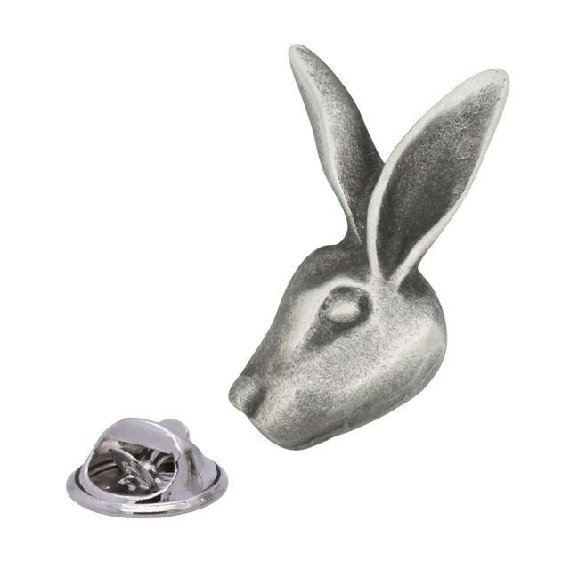 Antique silver hare head pewter lapel pin with long upright ears, sculpted face and rear butterfly clasp