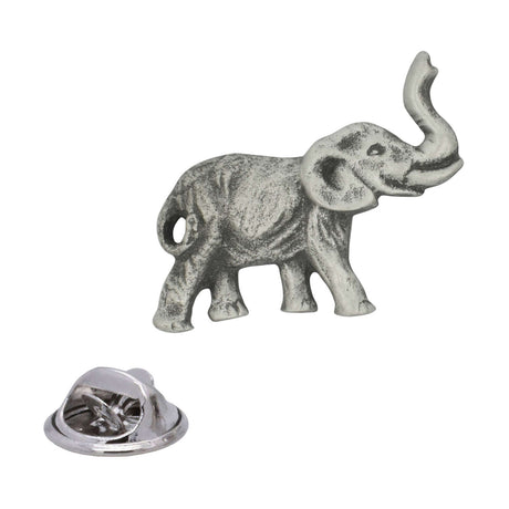 Antique silver lucky elephant pewter lapel pin with trunk raised, textured body and rear butterfly clasp