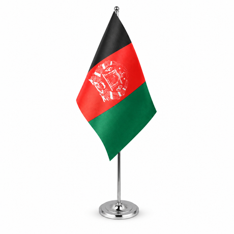 Afghanistan black red green satin table flag 9 x 6 inches with chrome pole and base