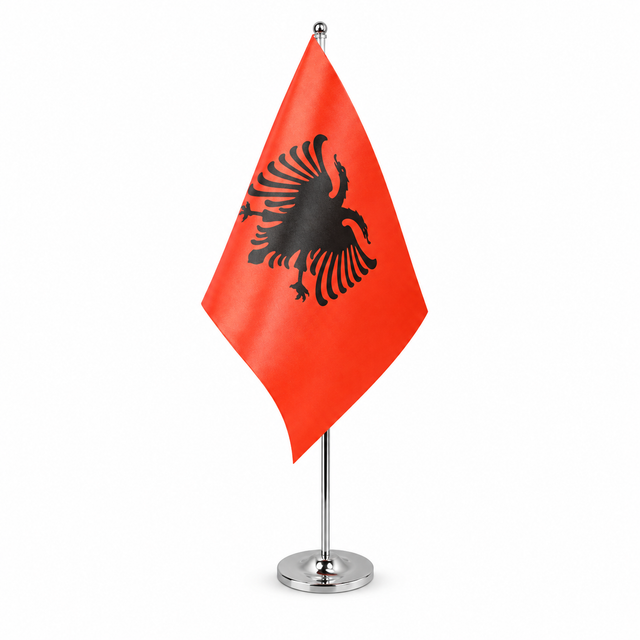 Albania satin table flag 9 x 6 inches with telescopic chrome pole and round base