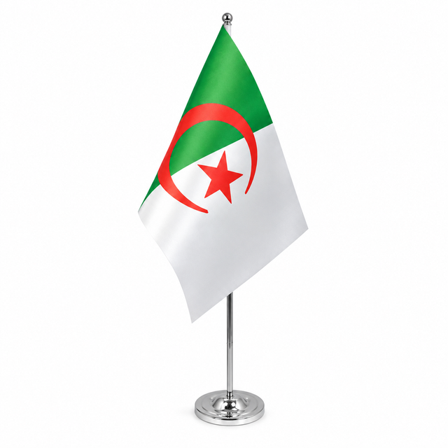 Algeria satin table flag 9 x 6 inches with telescopic chrome pole and round base