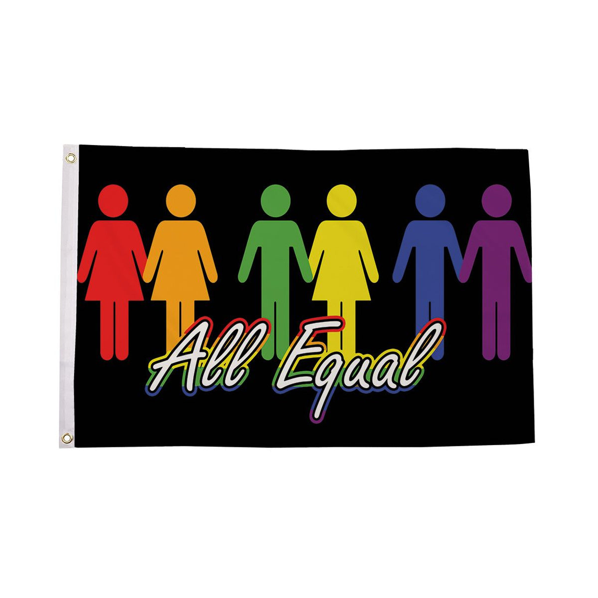 All Equal Pride Flag 5ft x 3ft with rainbow figures on black background