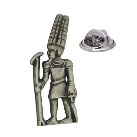 Amun ancient Egyptian god pewter lapel pin with tall crown and staff, butterfly clutch fastening