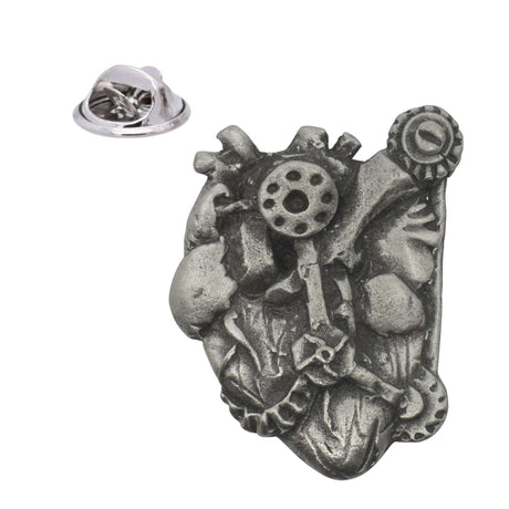 Anatomical human heart pewter lapel pin badge with detailed arteries and butterfly clutch fastening
