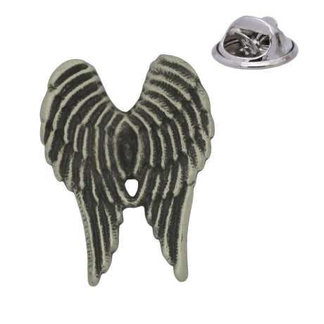 Pair of detailed feathered angel wings antique silver-tone pewter lapel pin badge with butterfly clutch fastening