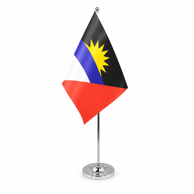 Antigua and Barbuda satin table flag 9 x 6 inches with telescopic chrome pole and round base