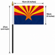 Arizona hand waving flag 15x10cm with 27cm black plastic pole, gold pointed tip and size measurements