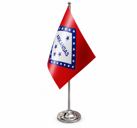 Arkansas satin table flag 9 x 6 inches with telescopic chrome pole and round base