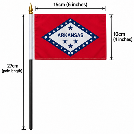 Arkansas small hand waving flag 6 x 4 inches with 27cm plastic pole and size measurements