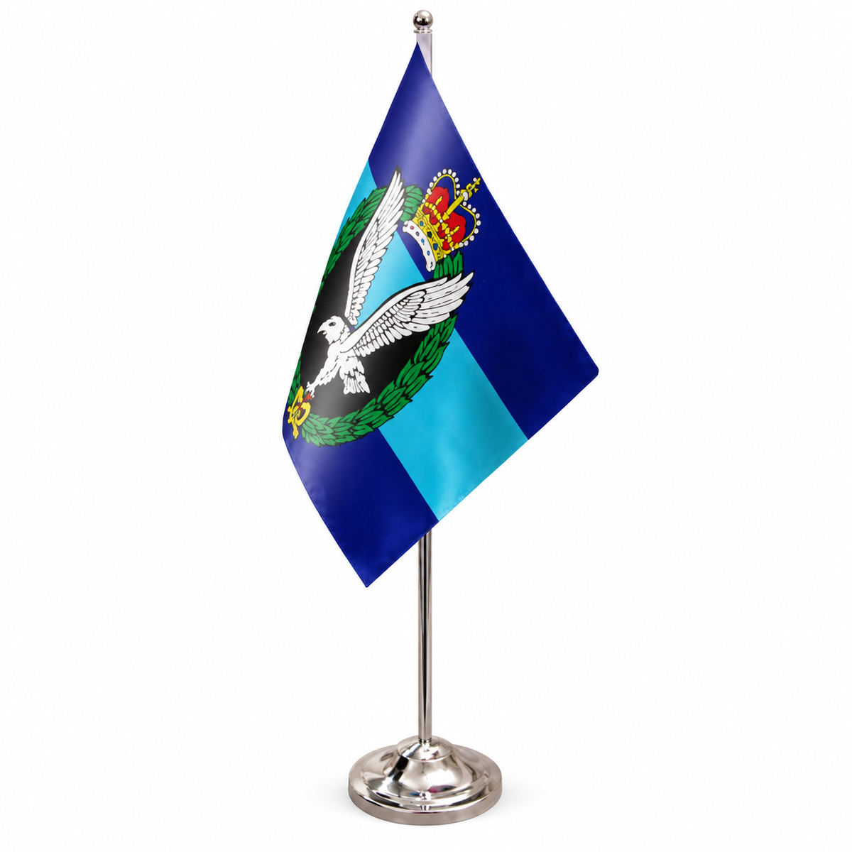Army Air Corps satin table flag 9 x 6 inches with telescopic chrome pole and round base