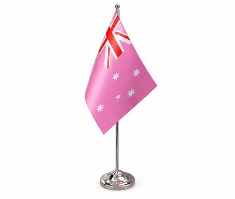Australia Pink Ensign satin table flag 9 x 6 inches with telescopic chrome pole and round base